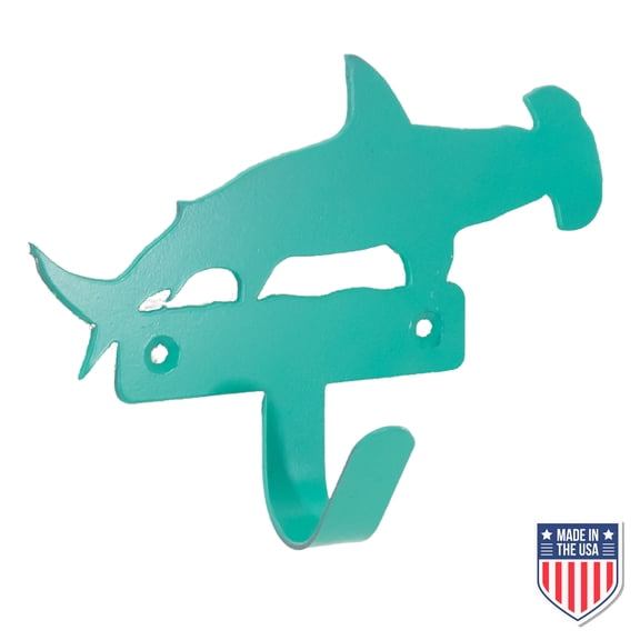 Hammerhead Shark Wall Hook, Teal Metal, 5.5 x 6.5 x 2 Inch Single Hook