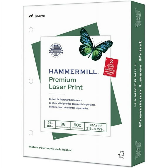 Hammermill 8.5x11 3 Hole Punched Laser Copy & Multipurpose Paper White 98 Brightness Letter