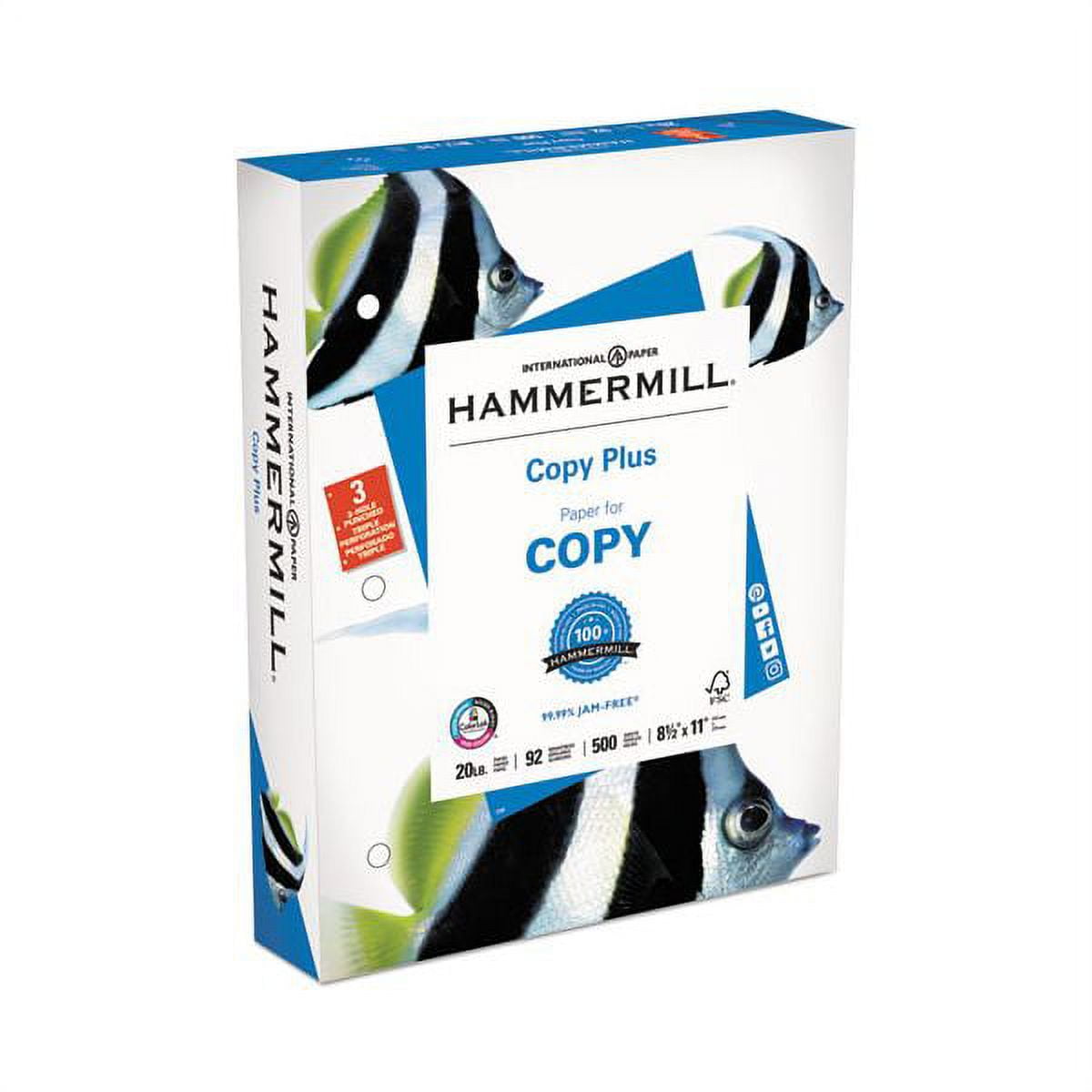 Hammermill Copy Plus 3Hole Punched Copy Paper, 92 Brightness, 20 lb, 8 1/2 x 11, White, 500