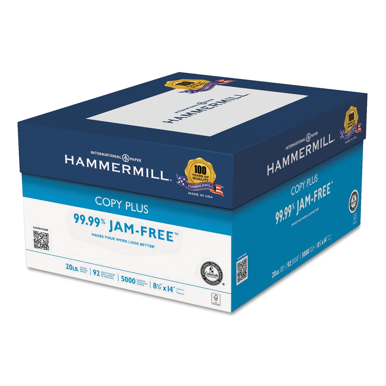 Hammermill Copy Plus Print Paper, 92 Bright, 20 lb Bond Weight, 8.5 x 11,  White, 500 Sheets/Ream, 5 Reams/Carton (105650)