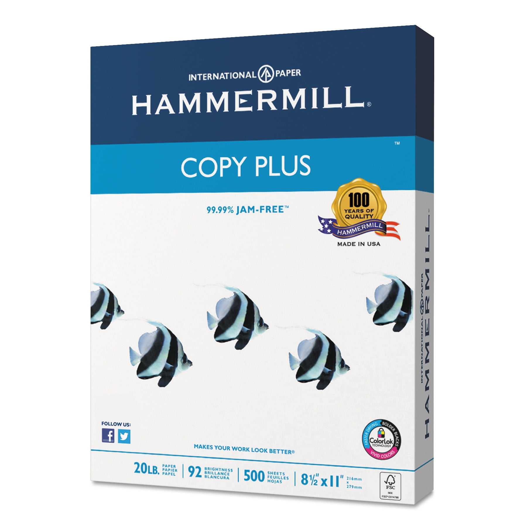 Hammermill Copy Plus Paper, 92 Bright, 20lb, 81/2 x 11, White, 5000