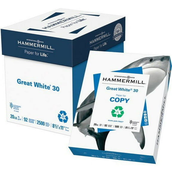 Hammermill Great White 30 Copy Paper - White - 92 Brightness - Letter - 8 1/2" x 11" - 20 lb Basis Weight - 75 g/m Grammage - 5 / Carton - Acid-free, Moisture Resistant, | Bundle of 2 Cartons