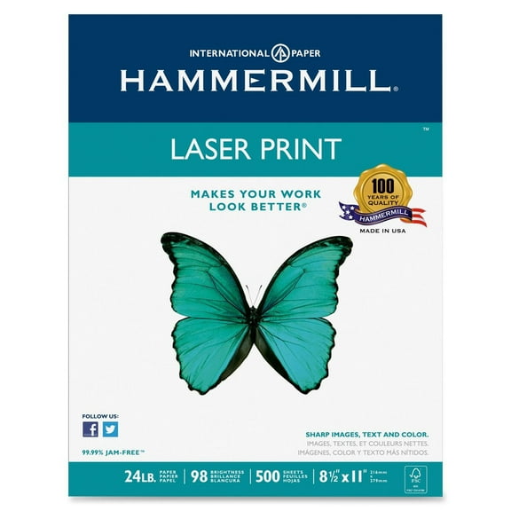 Hammermill Laser Print Paper, 98 Bright, 24lb, Letter, White, 500 Sht
