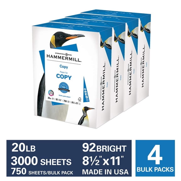 Hammermill Paper, Copy Paper Poly Wrap, 20lb, 8.5 x 11, Letter, 92 Bright, 3000 Sheets / 4 Bulk Ream Case (150300C) Made In The USA