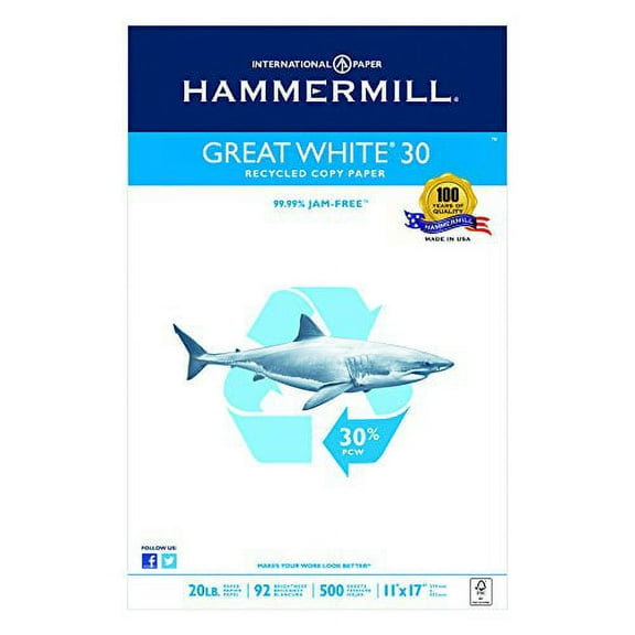 Hammermill Paper, Great White Copy Paper 30% Recycled, 20lb, 11 x 17, Ledger, 92 Bright, 500 Sheets / 1 Ream, (086750R), Made In The USA