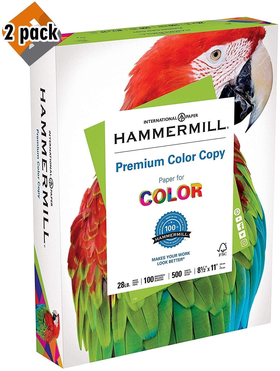 Hammermill Paper, Premium Color Copy Paper 8.5 x 11 Paper, Letter Size, 28lb Paper, 100 Bright, 1 Ream / 500 Sheets (102467R) Acid Free Paper - 2 Pack