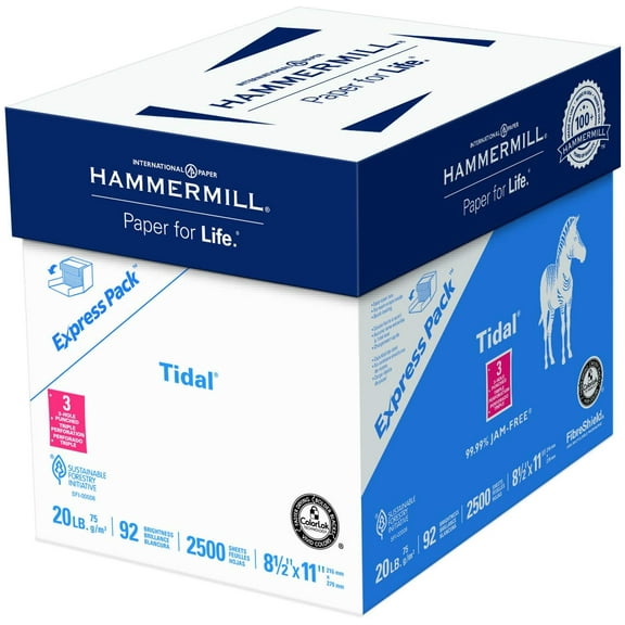Hammermill Paper, Tidal Printer Paper, 8.5 x 11 Paper, 3 Hole, 20lb, 92 Bright - 1 Express Pack / 2,500 Sheets (163130C)