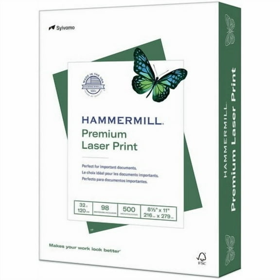 Hammermill Premium Laser Print Paper - White - 98 Brightness - Letter - 8 1/2" x 11" - 32 lb Basis Weight - Ultra Smooth - 500 / Ream - Acid-free, Jam-free, Archival-safe | Bundle of 2 Reams