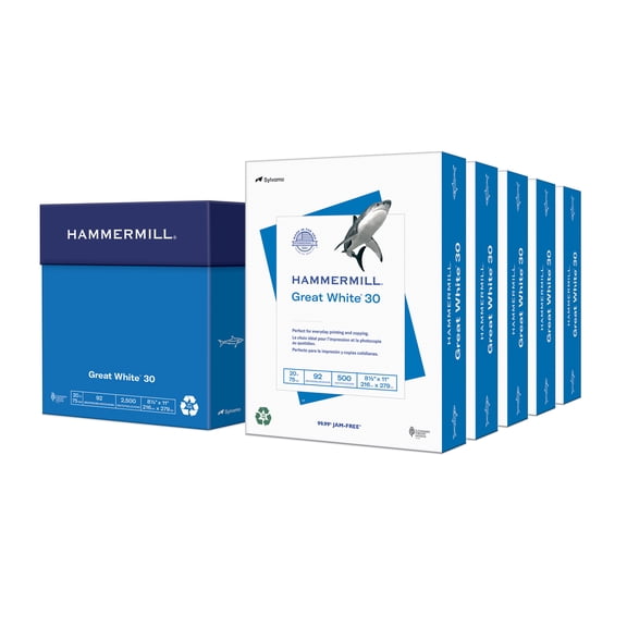 Hammermill Printer 20 lb. Great White Recycled Paper, 8.5" x 11", 5 Reams