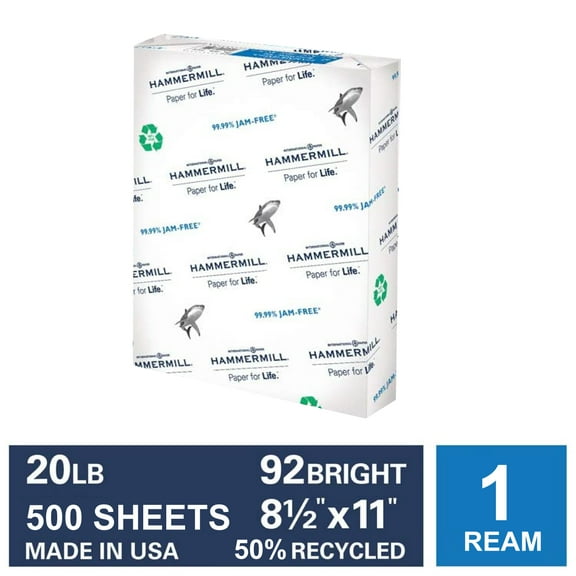 Hammermill Printer Paper, 20lb Great White 50% Recycled Paper, 8.5x11, 1 Ream