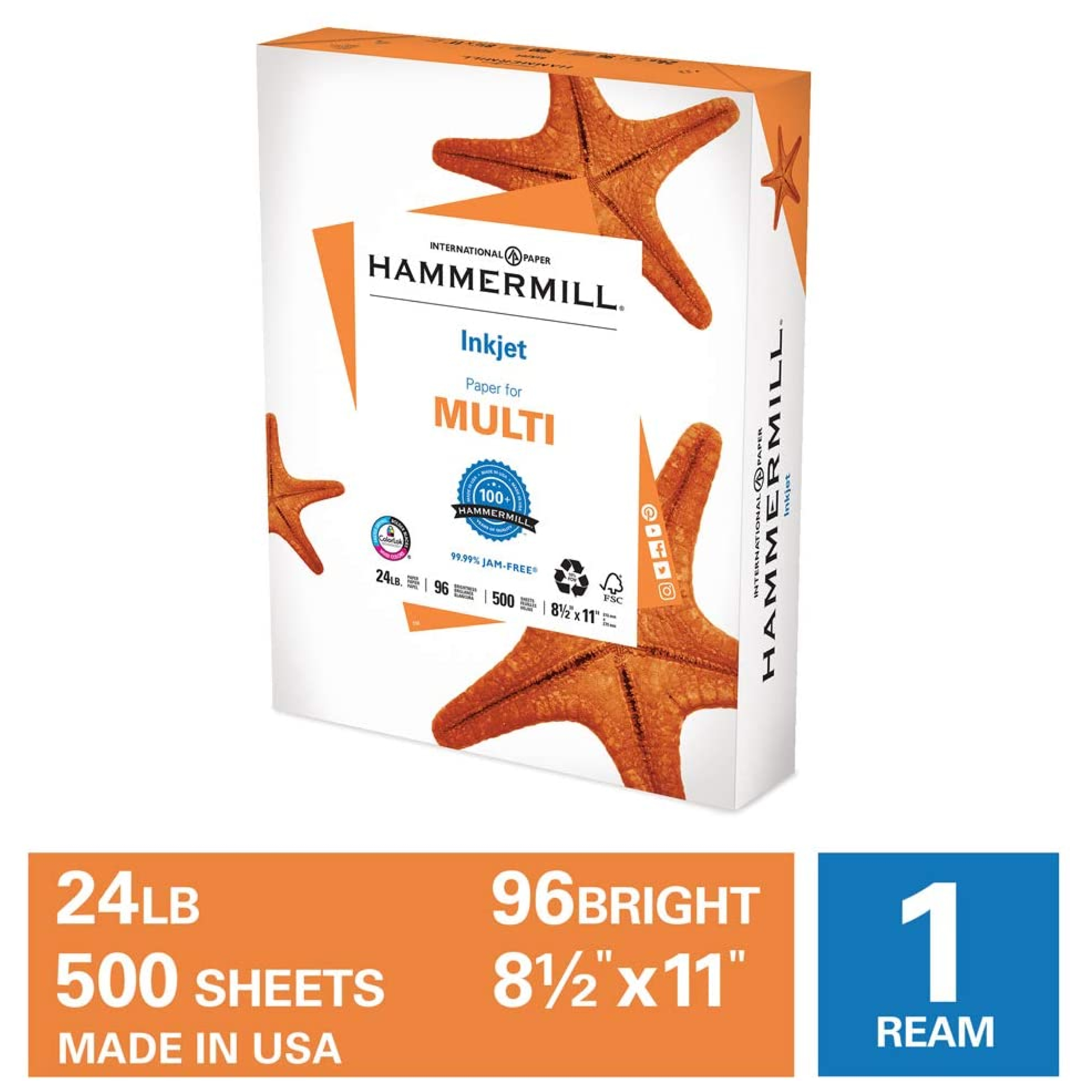 Hammermill Printer Paper, 24lb Premium Inkjet Copy Paper 8.5x11, 1 Ream - image 1 of 8
