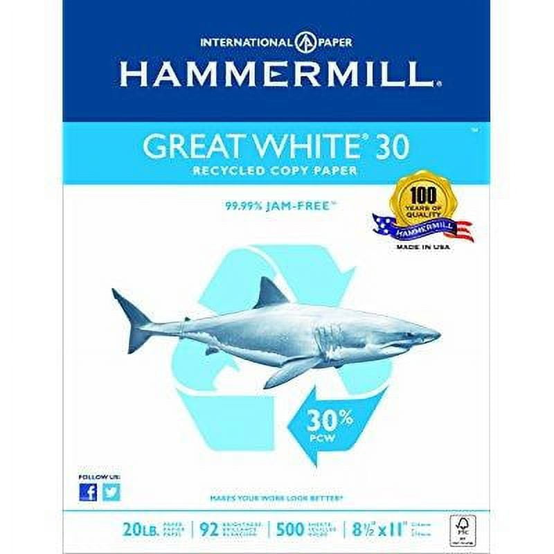 Hammermill Great White 30% Recycled 20lb Copy Paper, 8.5 x 11, 1 Ream, 500 Sheets, Made in USA, Sustainably Sourced From American Family Tree Farms, 92 Bright, Acid Free, Printer Paper, 086710R 8.5x11