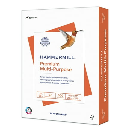 Hammermill Printer Premium Multipurpose Copy Paper, 24 lb., 8.5" x 11", 1 Ream, White