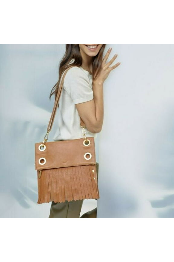 MONTANA SADDLE BROWN Tan SUEDE Gold large Leather Reverse Bag Handbag NW