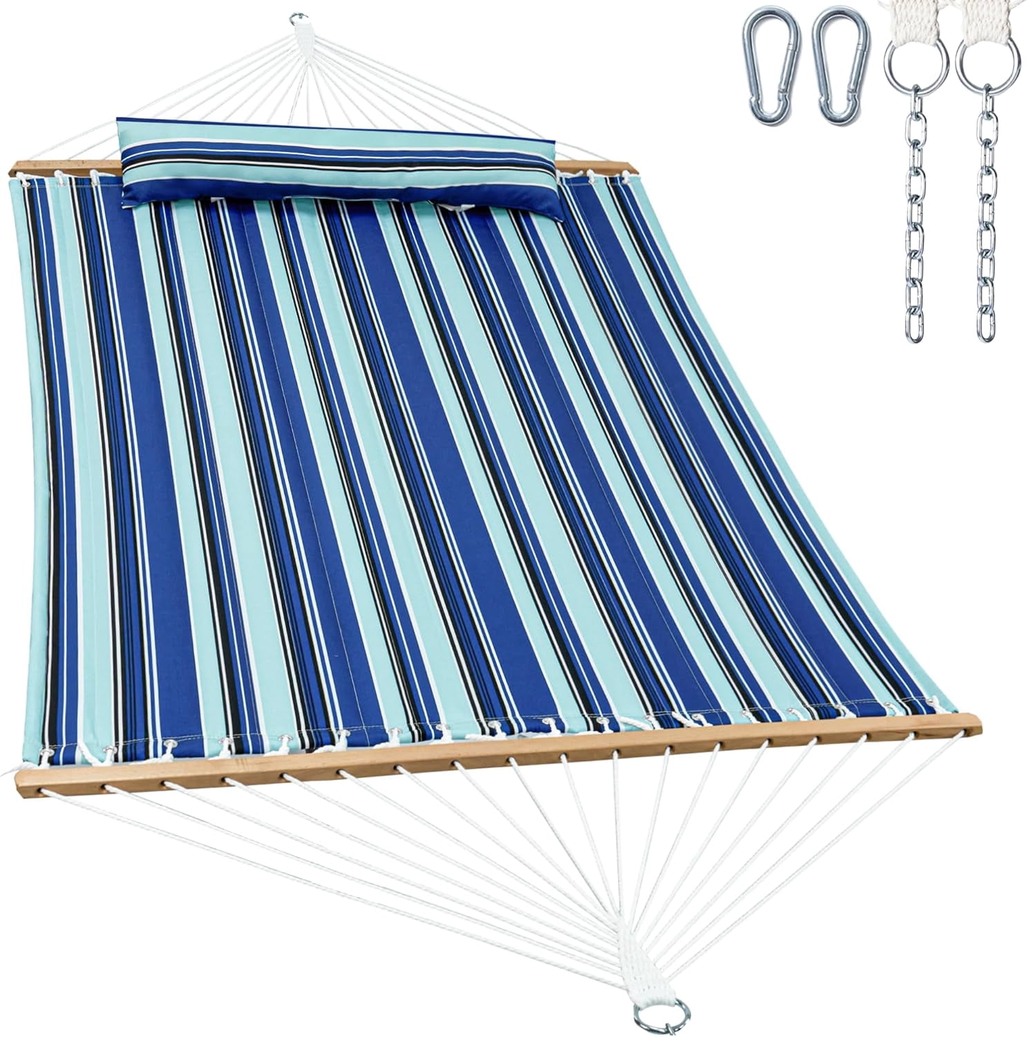 Hammock 2 Person Quilted Fabric Hammocks for Outside, Double 12ft Hammocks with Spreader Bar, Large Removable Pillow, Storage Bag, Carabiners, Max 475 lbs Capacity (Catalina Beach)