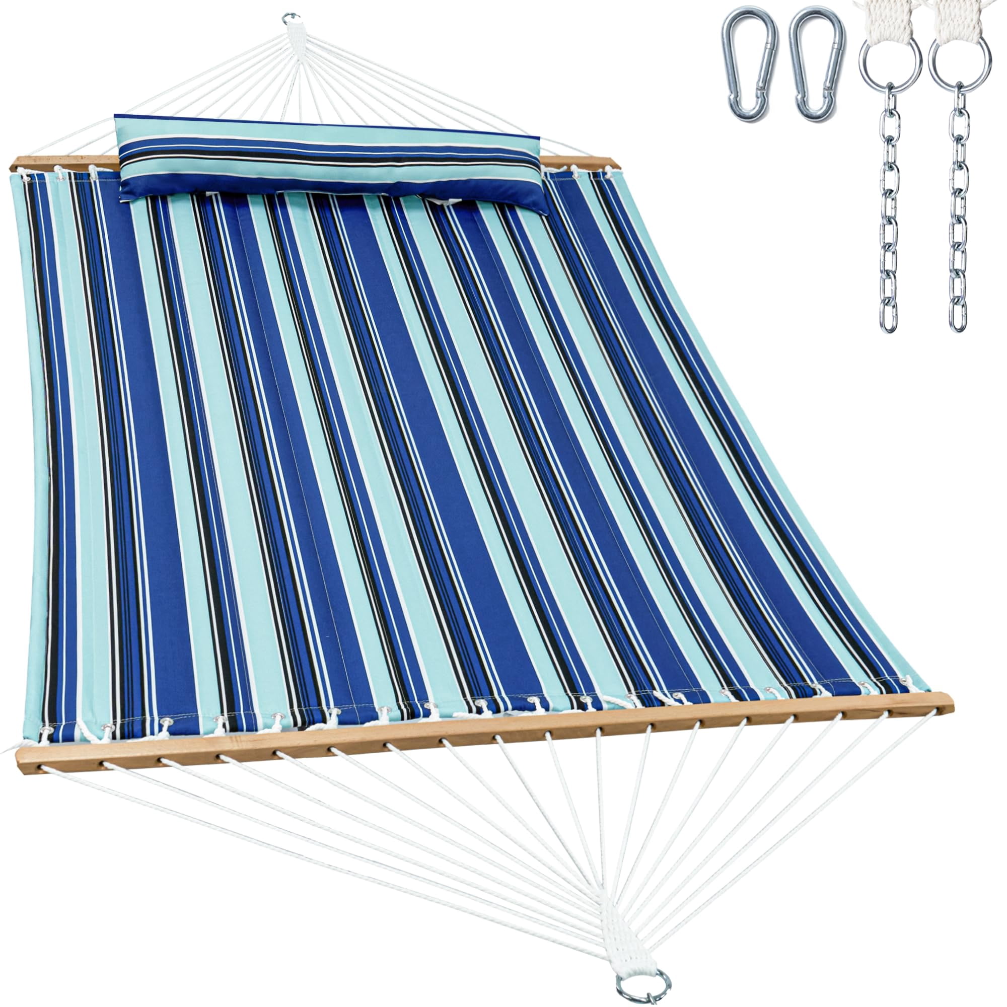 Hammock 2 Person Quilted Fabric Hammocks For Outside  Double 12ft With Spreader Bar Large Removable Pillow Storage Bag Carabiners Max 475 Lbs Capacity (catalina Beach)