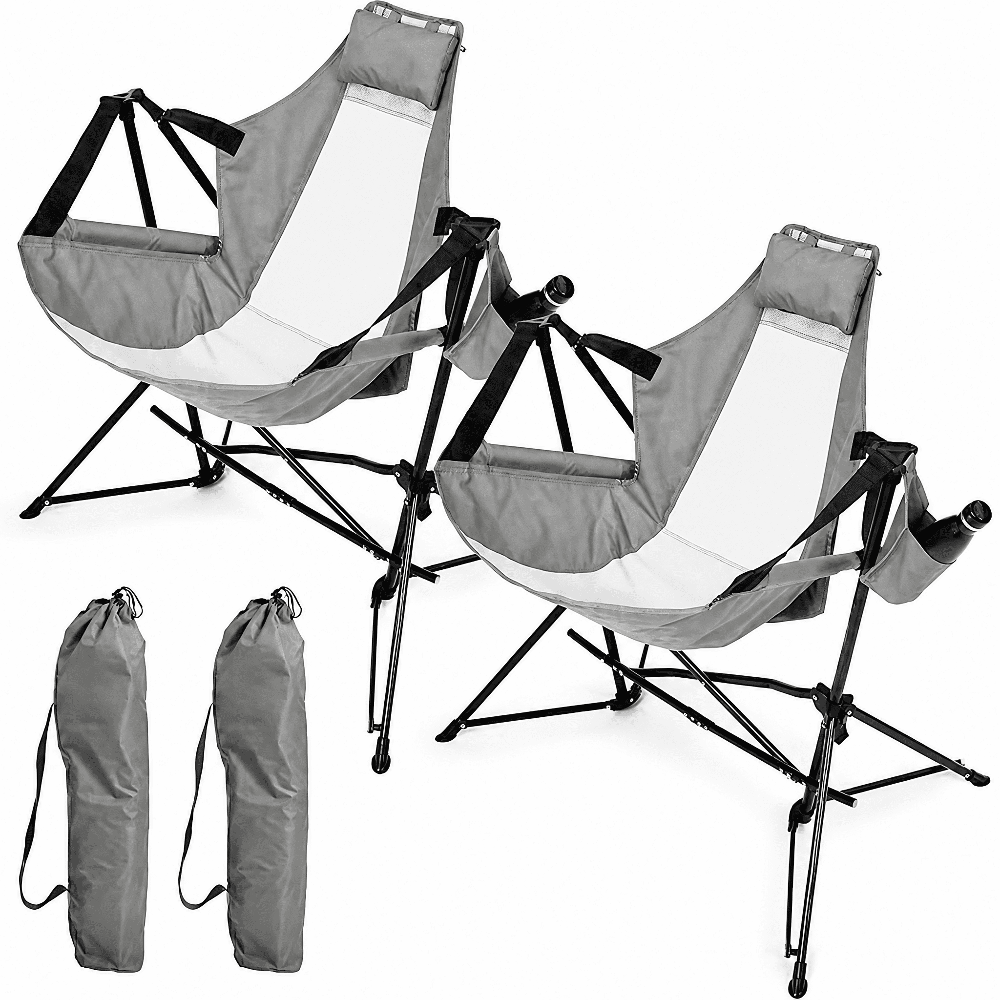 Hammock Camping Chair, Folding Portable Rocking Chair, Aluminum Alloy Adjustable Back Swinging Chair with Pillow Cup Holder, Recliner with Carry Bag for Outdoor Travel Lawn Backyard, Grey (2pcs)