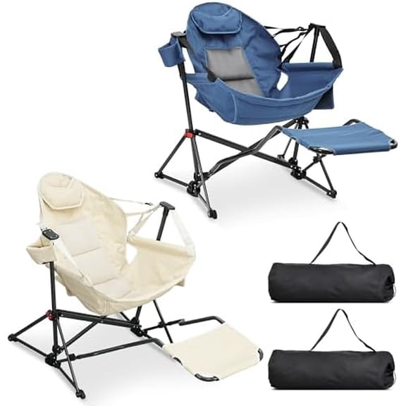 Hammock Camping Chair with Footrest, Heavy Duty Foldable Portable Rocking Hammock Chairs Outside Swinging Camp with Cup Holder Pillow for Outdoor Patio Poolside Beige Dark Blue