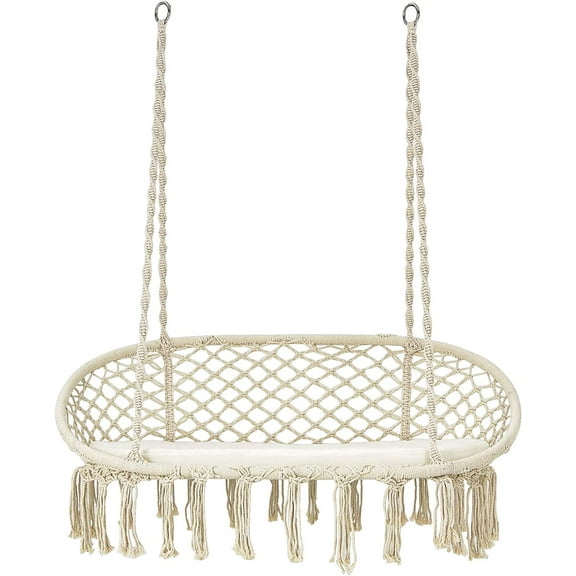 Hammock Chair 2 Seat, Macrame Hanging Chair with Cushion, Hanging Cotton Ropes, Metal Frame, 440 lbs Capacity Indoor Swing for Hammock Stand, Patio, Balcony, Living Room Hammock Swing