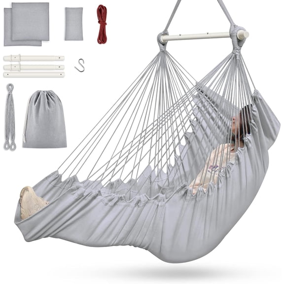 Hammock Chair, Chair with 3 Cushions and Foot Rest Support, Sturdy Metal Spreader Bar Max 440 Lbs, Swing Chair for Bedroom, Indoor & Outdoor, Patio, Porch or Tree(Gray)