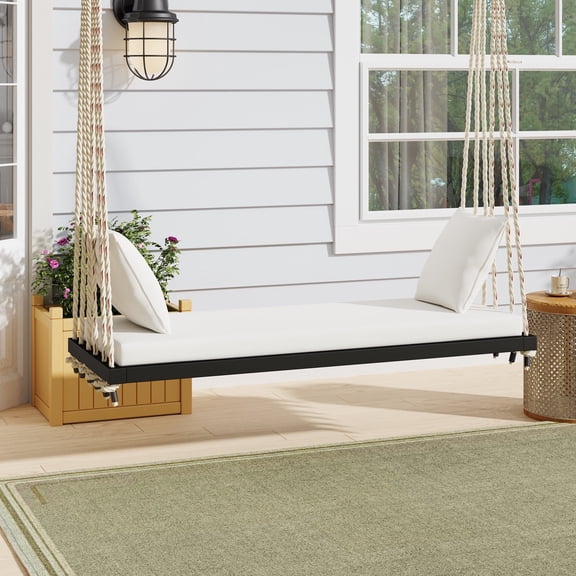 Patio Wooden Swing Chair with Cushion & Pillows,Acacia Wood Hanging Bench,10.8FT Hemp Ropes, 400lbs Weight Capacity,for Garden, Backyard, Porch, Lawn