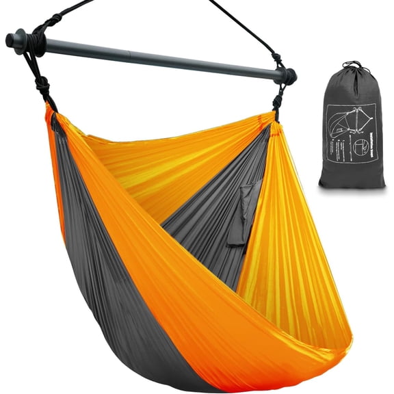 Hammock Chair with Detachable Metal Support Bar, Portable Hanging Rope Swing in Orange and Dark Gray, 500 lb Capacity, Parachute Fabric, Indoor Outdoor Use