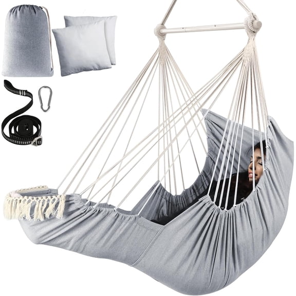 Hammock Chair with Foot Rest 2 Cushions 500 Lb Capacity Metal Spreader Bar Collapsible Cotton Swing Chair with Strap Carabiner and Side Pocket Light Grey