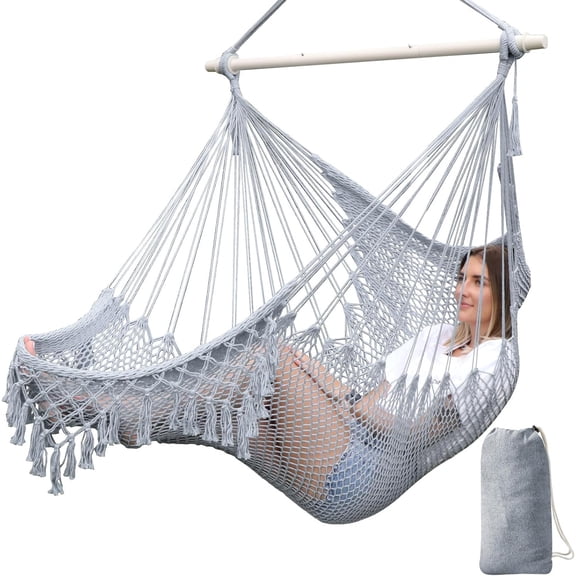 Hammock Chair Handmade Hanging Chair Cotton Rope Woven Hanging Seat Soft-Spun Large Stretch Hammock Swing, Collapsible Strong Metal Spreader Bar Elegant Macrame Comfort Indoor Outdoor Garden
