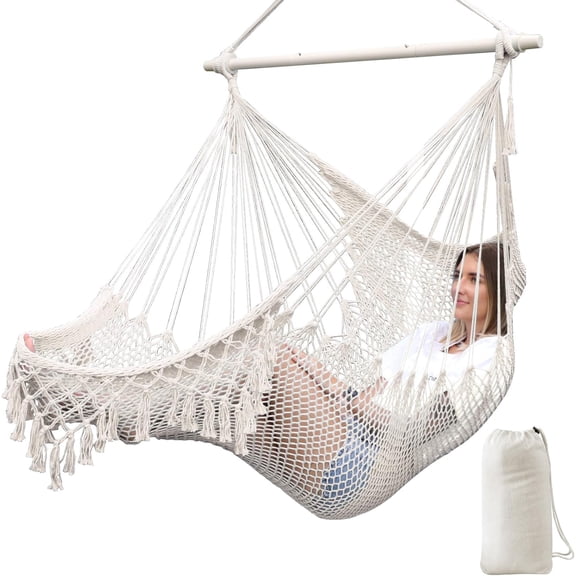 Hammock Chair Handmade Hanging Chair Cotton Rope Woven Hanging Seat Soft-Spun Large Stretch Hammock Swing, Collapsible Strong Metal Spreader Bar Elegant Macrame Comfort Indoor Outdoor Garden
