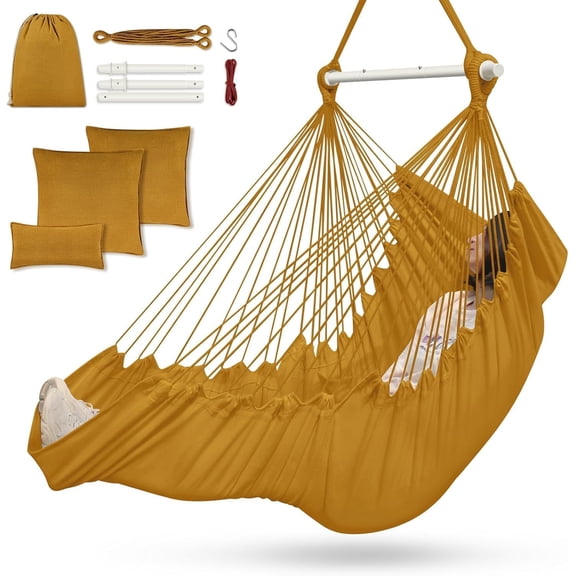 Hammock Chair, Hanging Chair with 3 Cushions and Foot Rest Support, Sturdy Metal Spreader Bar Max 500Lbs, Swing Chair for Bedroom, Indoor & Outdoor, Patio, Porch or Tree（Black）…