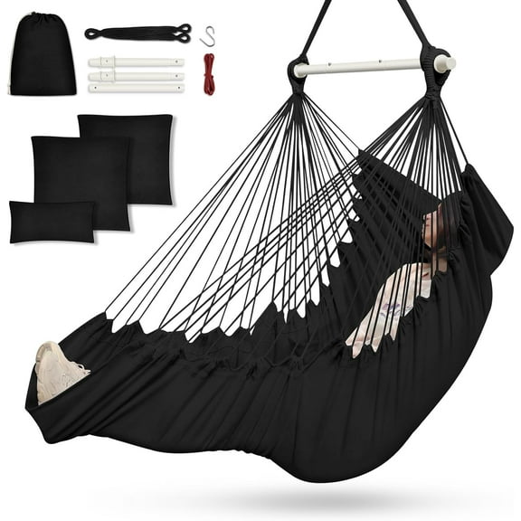 Hammock Chair, Hanging Chair with 3 Cushions and Foot Rest Support, Sturdy Metal Spreader Bar Max 500Lbs, Swing Chair for Bedroom, Indoor & Outdoor, Patio, Porch or TreeBlack