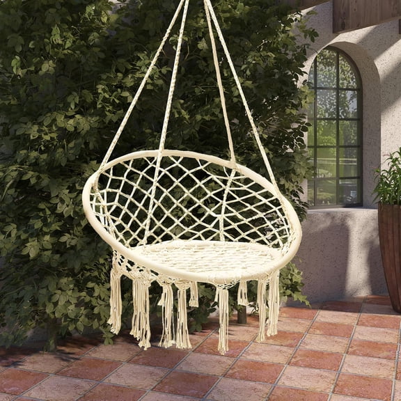 Hammock Chair Hanging Chair, Boho Swing Chair Outdoor Macrame Hanging Chair for Indoor Outdoor, Beige