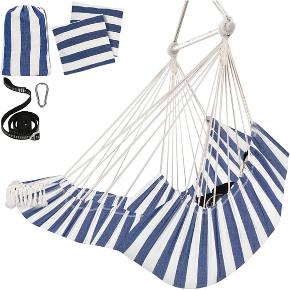 Hammock Chair with Foot Rest 2 Cushions 500 Lb Capacity Metal Spreader Bar Collapsible Cotton Swing Chair with Strap Carabiner and Side Pocket Blue White Stripes