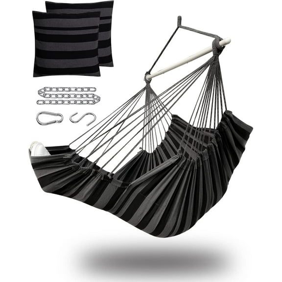 Hammock Chair Hanging Chair Swing for Bedroom with Foot Rest, Max 500 Lbs, Steel Spreader Bar with Anti-Slip Rings-2 Cushions Included-Indoor and Outdoor