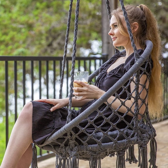 Hammock Chair Hanging Macrame Swing with Hardware Kits, Max 330 Lbs, Handmade Knitted Mesh Rope Swing Chair for Indoor, Outdoor, Bedroom, , Yard, Deck, Garden, Grey