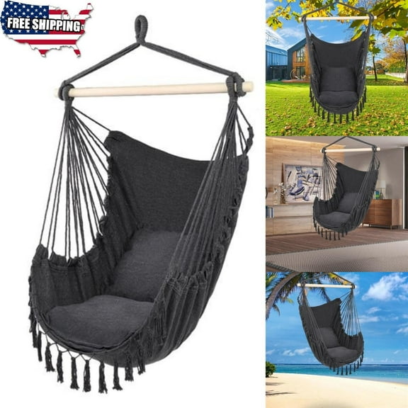 Hammock Chair Hanging Rope Swing Chair with 2 Seat Cushions & Installation Kit, Max 264 Lbs, Handmade Macrame Hanging Chair for Bedroom Patio Yard Garden, Dark Grey