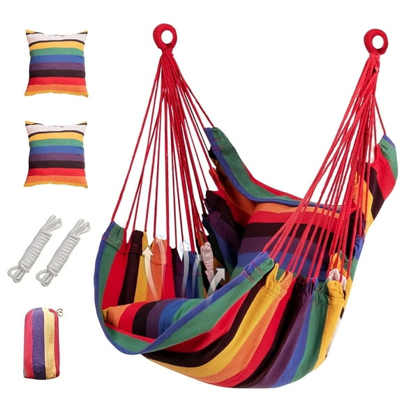 Hammock Chair Hanging Rope Swing Chair with 2 Pillows, Max 440 Lbs, Comfortable and Durable Stripe Hanging Chair for Indoor Outdoor