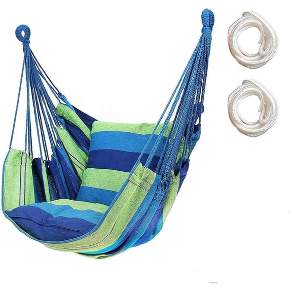 Hammock Chair Hanging Rope Swing Chair with 2 Pillows, Max 440 Lbs, Comfortable and Durable Stripe Hanging Chair for Indoor Outdoor