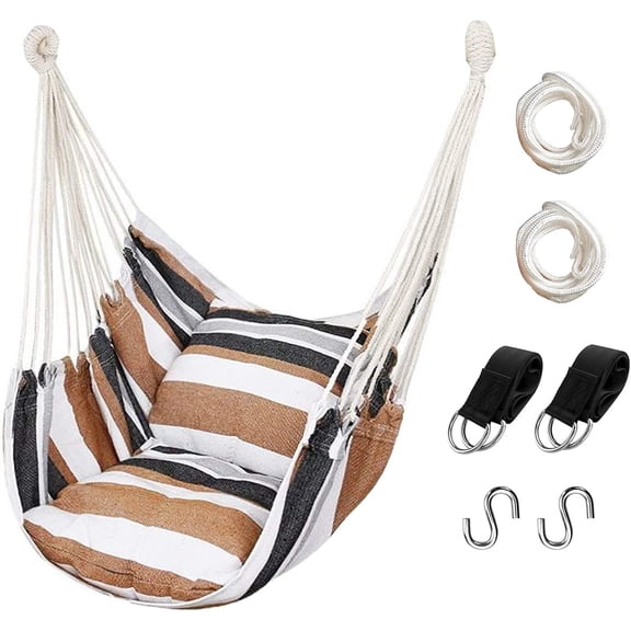 Hammock Chair Hanging Rope Swing, Max 300 Lbs Hanging Chair with Pocket & Durability Perfect for Outdoor, Home, Bedroom, Patio, Yard (Pillows NOT Included,Khaki)