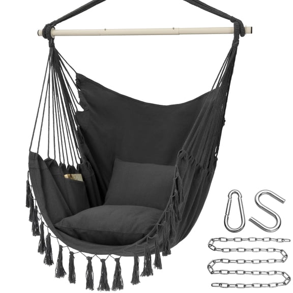 Hammock Chair Hanging Rope Swing, Max 500 Lbs, 2 Cushions Included, Large Macrame Hanging Chair with Pocket, Cotton Weave for Superior Comfort, Durability (Dark Grey)