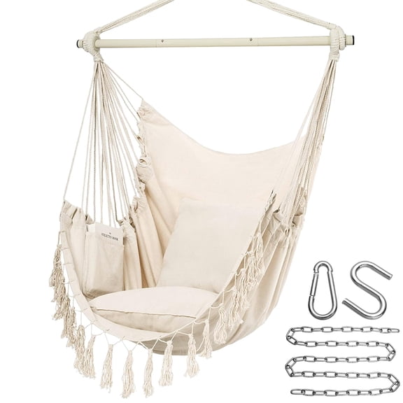 Hammock Chair Hanging Rope Swing, Max 500 Lbs, 2 Cushions Included, Large Macrame Hanging Chair with Pocket, Cotton Weave for Superior Comfort, Durability (Dark Grey)