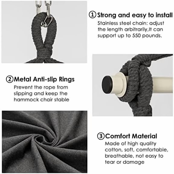 Hammock Chair Hanging Rope Swing, Max 500 Lbs, 2 Cushions Included, Large Macrame Hanging Chair with Pocket, Cotton Weave for Superior Comfort, Durability (Dark Grey)