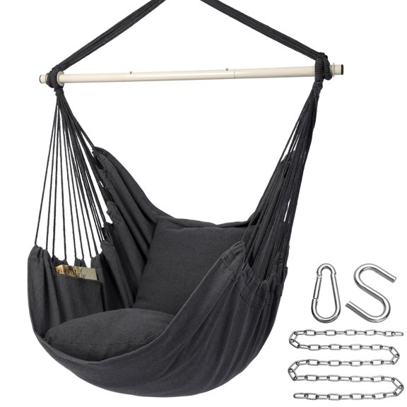 Hammock Chair Hanging Rope Swing, Max 500 Lbs, 2 Cushions Included, Large Macrame Hanging Chair with Pocket, Cotton Weave for Superior Comfort, Durability (Dark Grey)