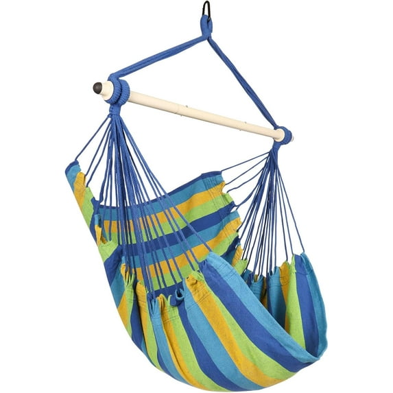 Hammock Chair Hanging Rope Swing - Max 500 Lbs - 2 Cushions Included - Steel Spreader Bar with Anti-Slip Rings - for Any Indoor or Outdoor Spaces (Beige)