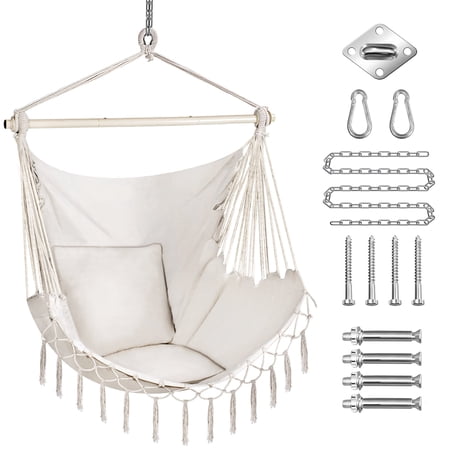 Hammock Chair Hanging Rope Swing - Portable Hammock Rope Chair Max 250 Lbs, Porch Swing Seating Indoor or Outdoor(Beige)