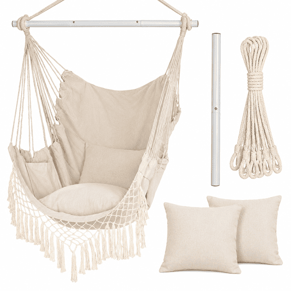 Hammock Chair, Hanging Rope Swing Seat with 2 Cushions, Macrame Hanging Chair Side Pocket with High Load-Bearing Metal Rod, for Indoor, Outdoor, Extra Comfortable