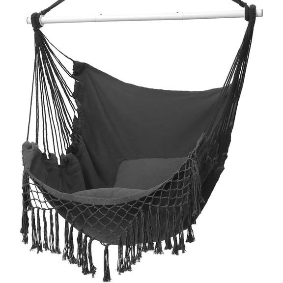 Hammock Chair, Hanging Rope Swing Seat with 2 Cushions,Macrame Hanging Chair Side Pocket with High Load-Bearing Metal Rod,for Indoor, Outdoor, Extra Comfortable (Light Purple)