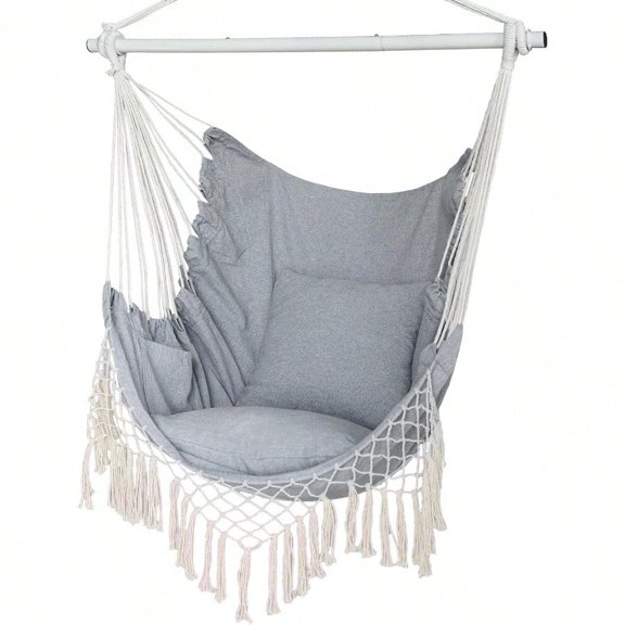 Hammock Chair Hanging Rope Swing Seat With 2 Cushions Macrame Hanging Chair Side Pocket With High LoadBearing Metal Rod For Indoor Outdoor Extra Comfortable
