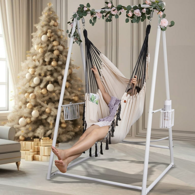 Hammock Chair Hanging Rope Swing & Stand Set with Two Holders, Heavy Duty  Hanging Stand with Three Hooks, Multi-Use for Indoor Outdoor Patio Yard  Garden (White) 