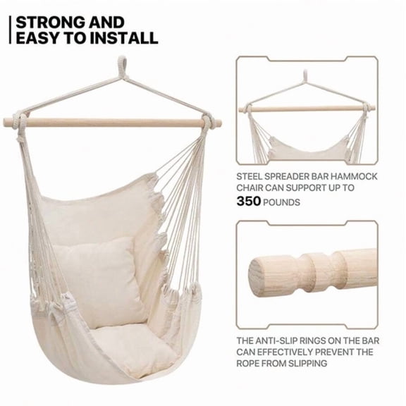 Hammock Chair Hanging Rope Swing W/2 Cushions, Boho Macrame Hanging Chair Max 350 Lbs Capacity W Pocket, Hardware Kit Included